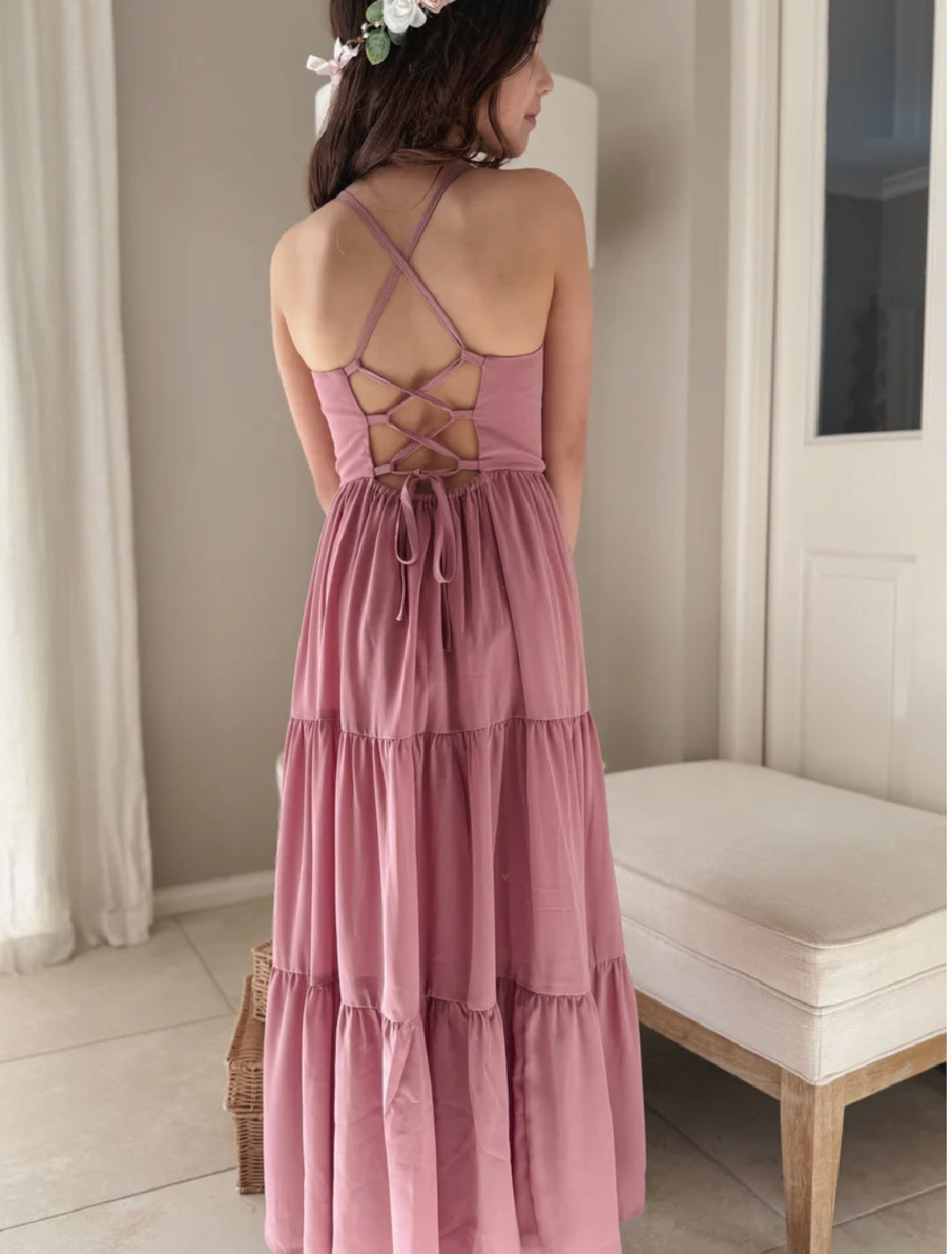 A LITTLE LACEY CLARA CHIFFON GIRLS MAXI DRESS - DUSTY ROSE