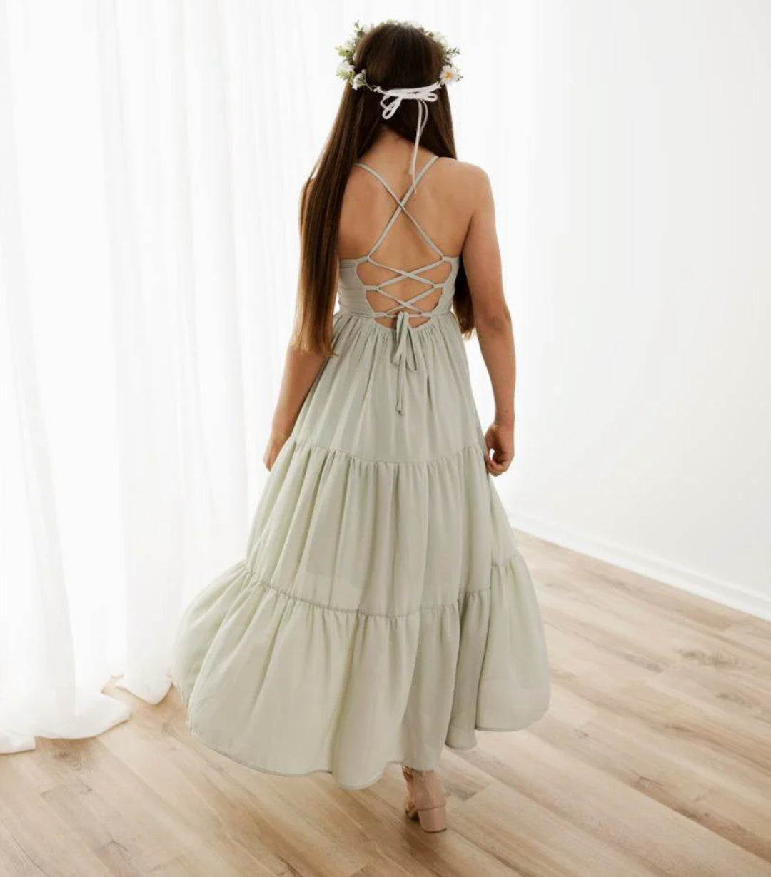 A LITTLE LACEY CLARA CHIFFON GIRLS MAXI DRESS - SAGE