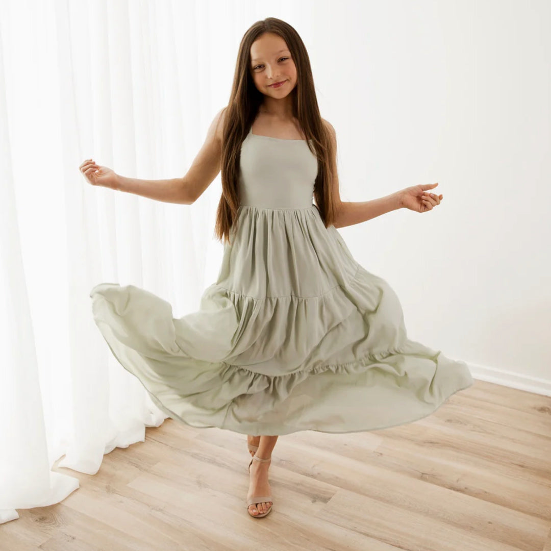 A LITTLE LACEY CLARA CHIFFON GIRLS MAXI DRESS - SAGE