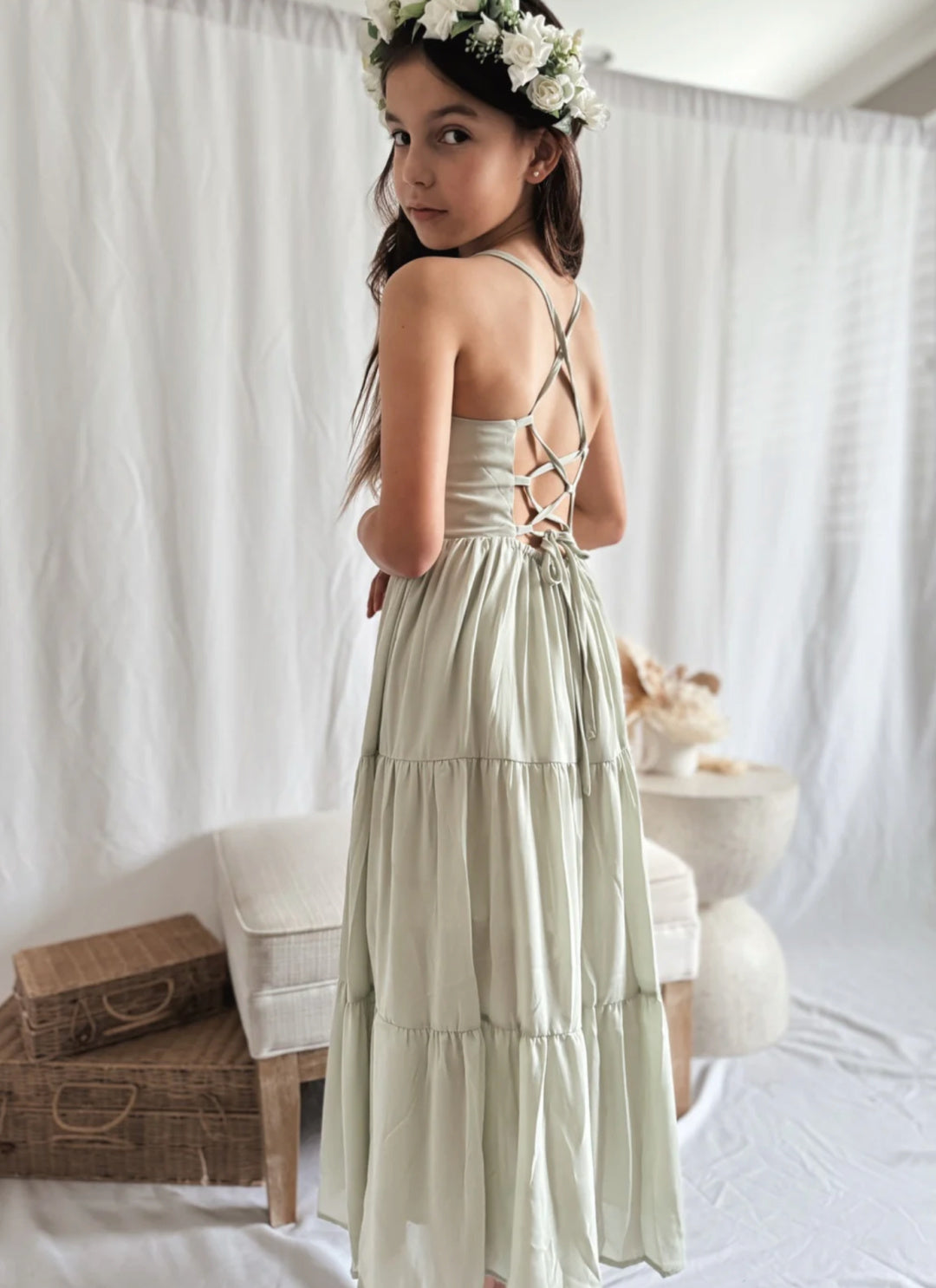 A LITTLE LACEY CLARA CHIFFON GIRLS MAXI DRESS - SAGE