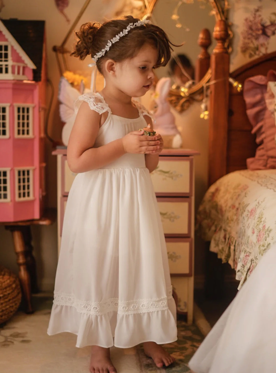A LITTLE LACEY GABRIELLA FRENCH CHIFFON WHITE GIRLS DRESS