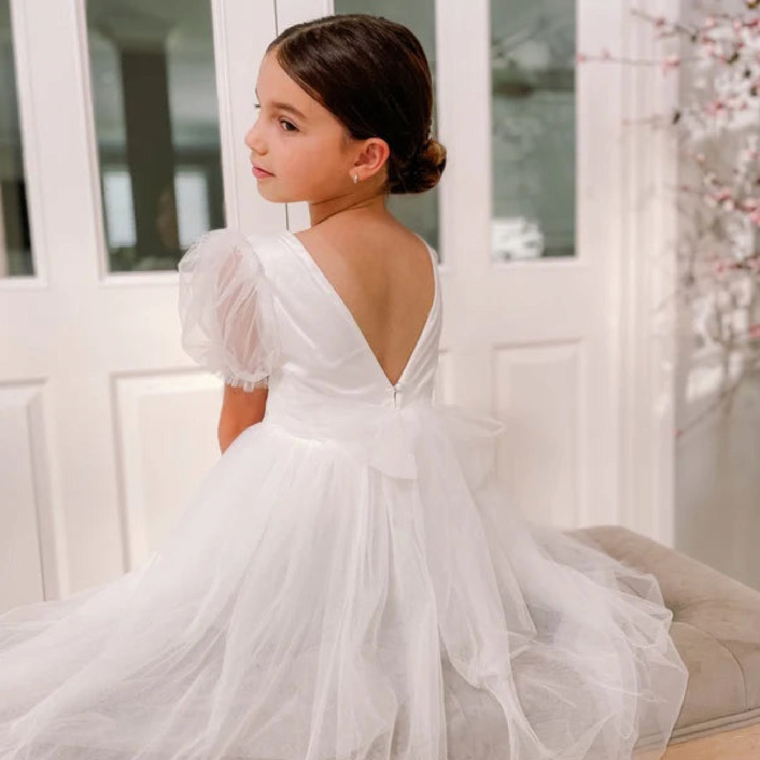 A LITTLE LACEY NINA PUFF SLEEVE WHITE GIRLS DRESS