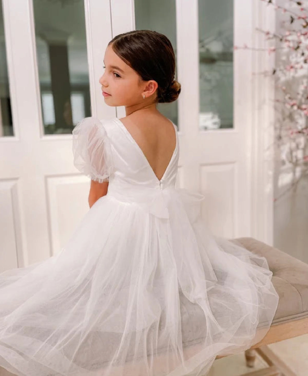 A LITTLE LACEY NINA PUFF SLEEVE WHITE GIRLS DRESS