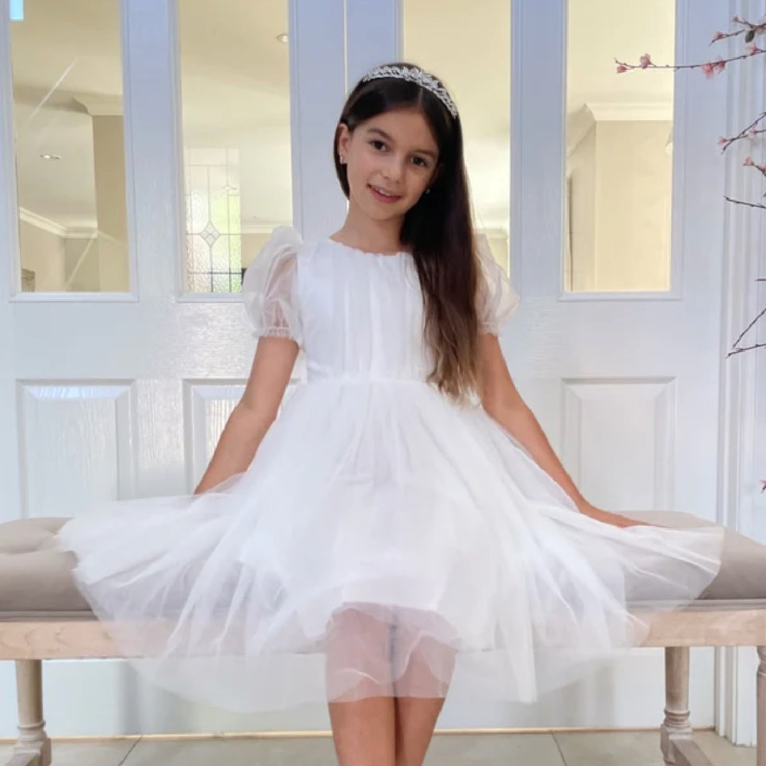 A LITTLE LACEY NINA PUFF SLEEVE WHITE GIRLS DRESS