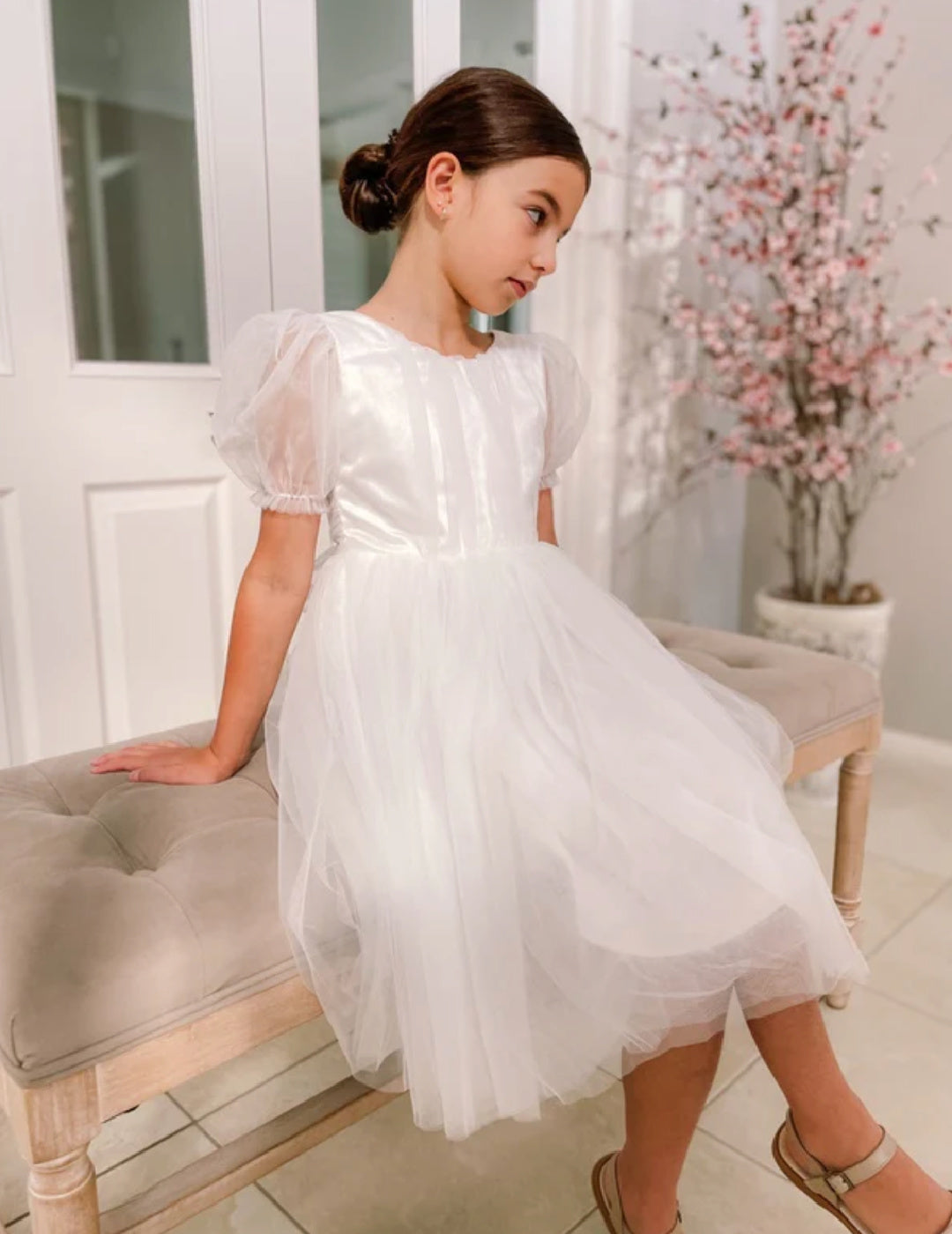 A LITTLE LACEY NINA PUFF SLEEVE WHITE GIRLS DRESS