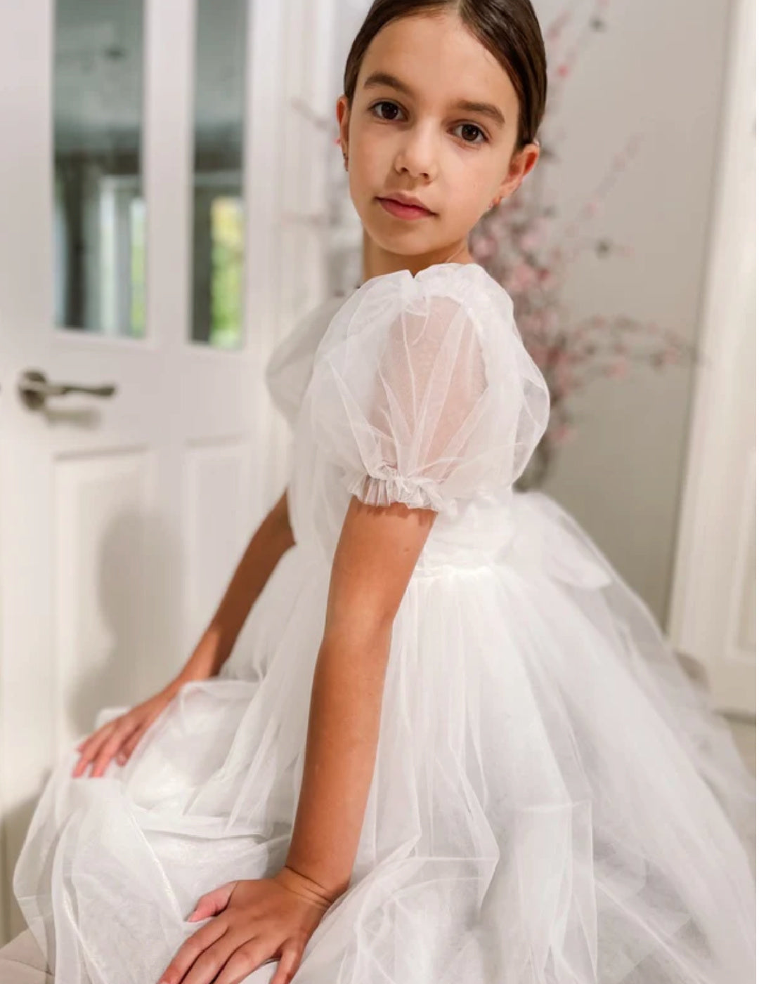 A LITTLE LACEY NINA PUFF SLEEVE WHITE GIRLS DRESS