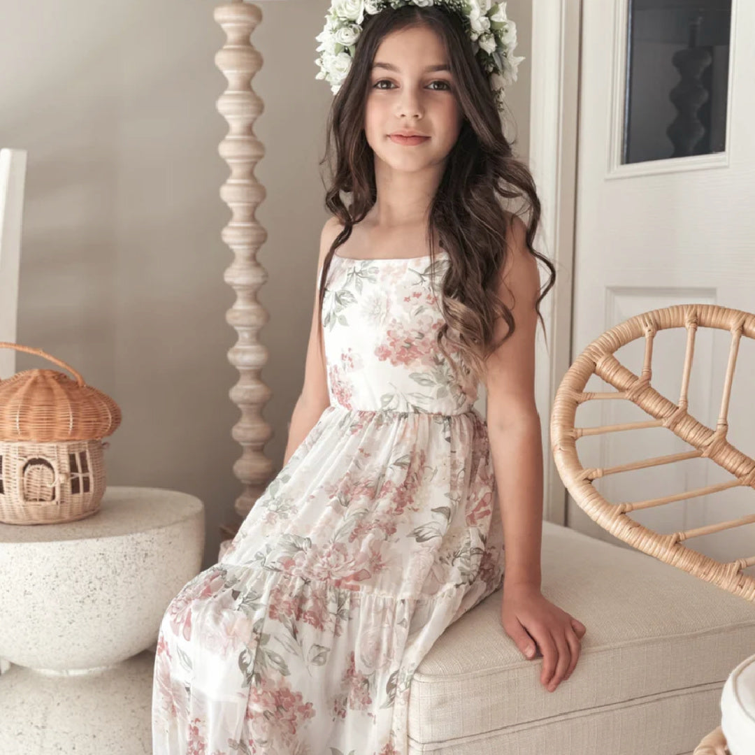 A LITTLE LACEY SAVANNAH GIRLS LIGHT FLORAL MAXI DRESS