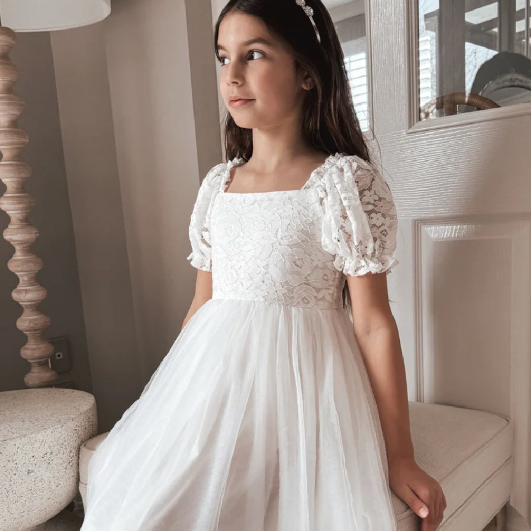 A LITTLE LACEY CALLISTA PUFF SLEEVE WHITE  DRESS