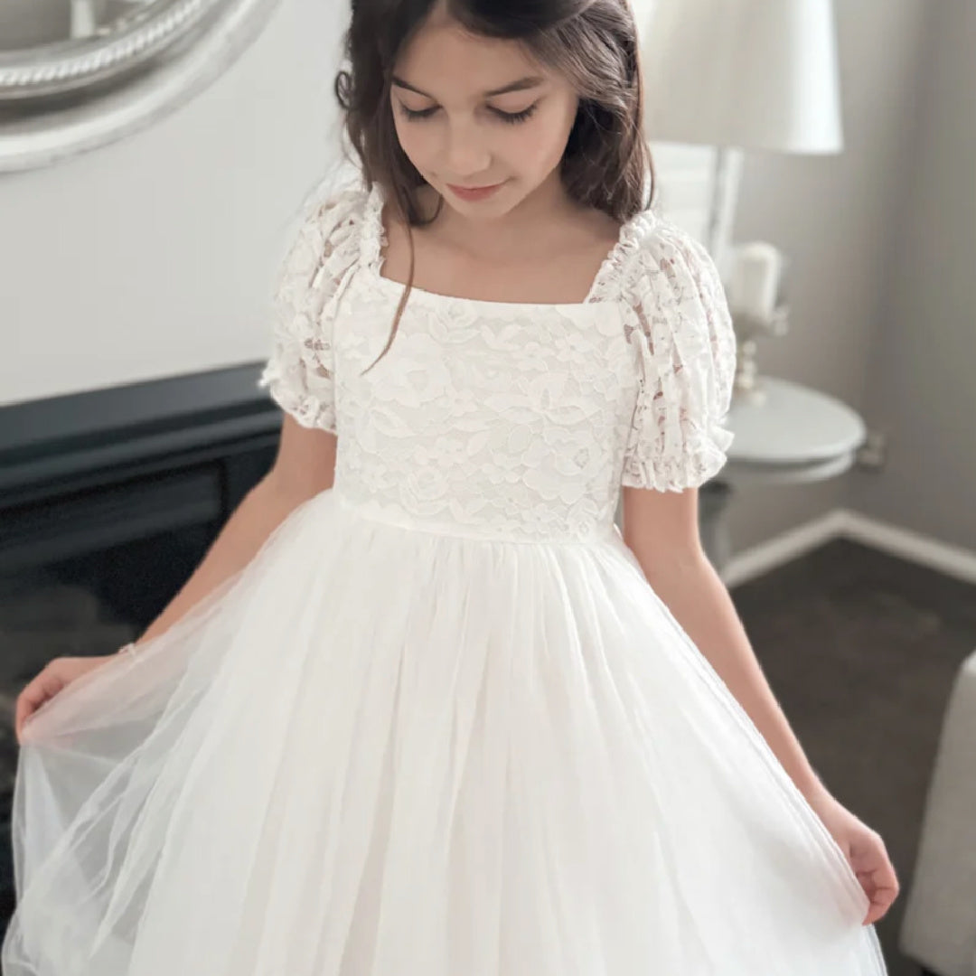 A LITTLE LACEY CALLISTA PUFF SLEEVE WHITE  DRESS