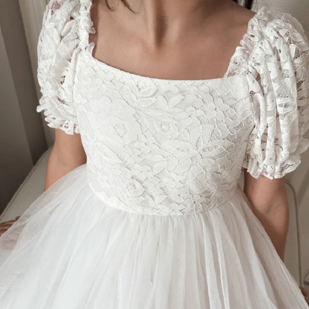 A LITTLE LACEY CALLISTA PUFF SLEEVE WHITE  DRESS