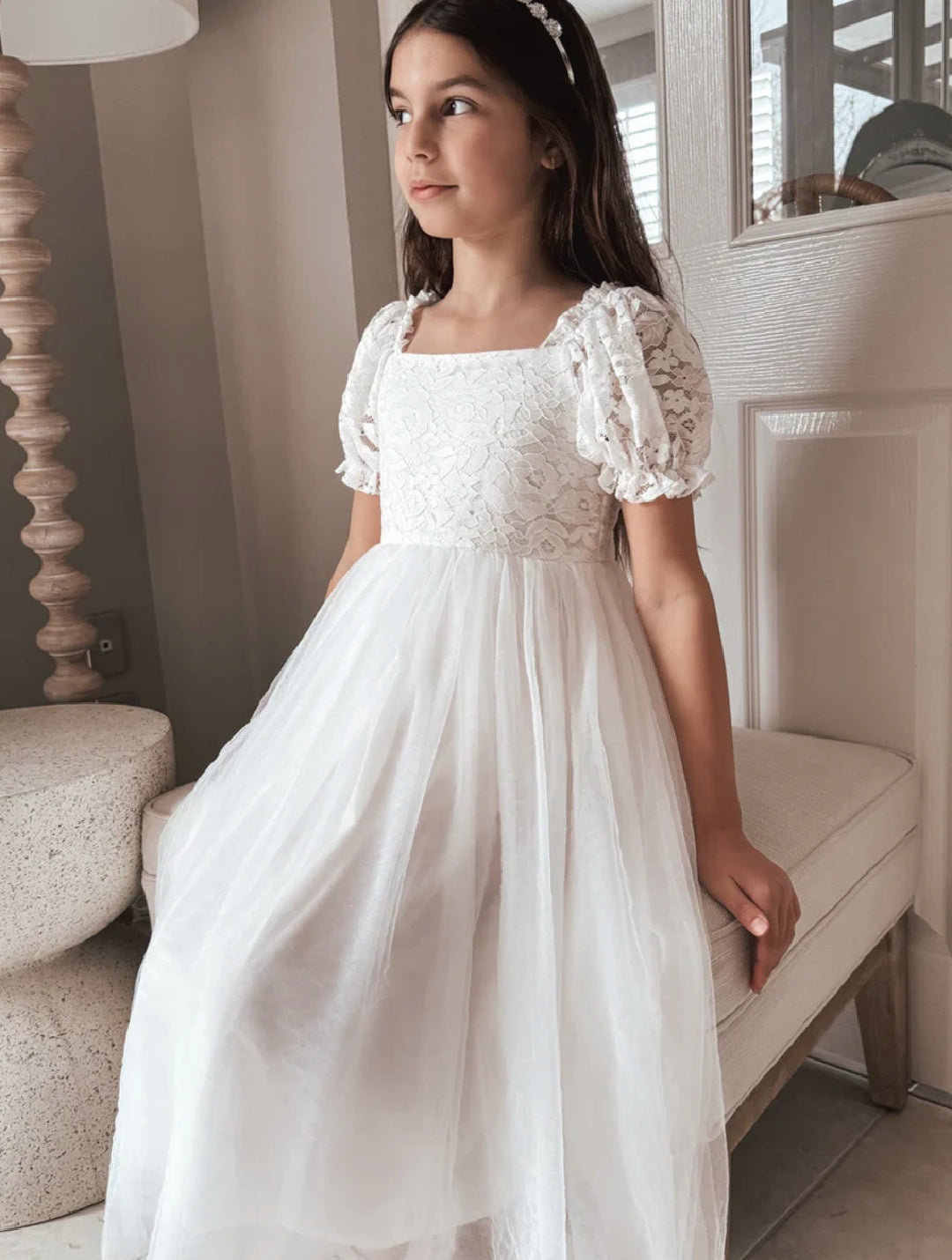 A LITTLE LACEY CALLISTA PUFF SLEEVE WHITE  DRESS