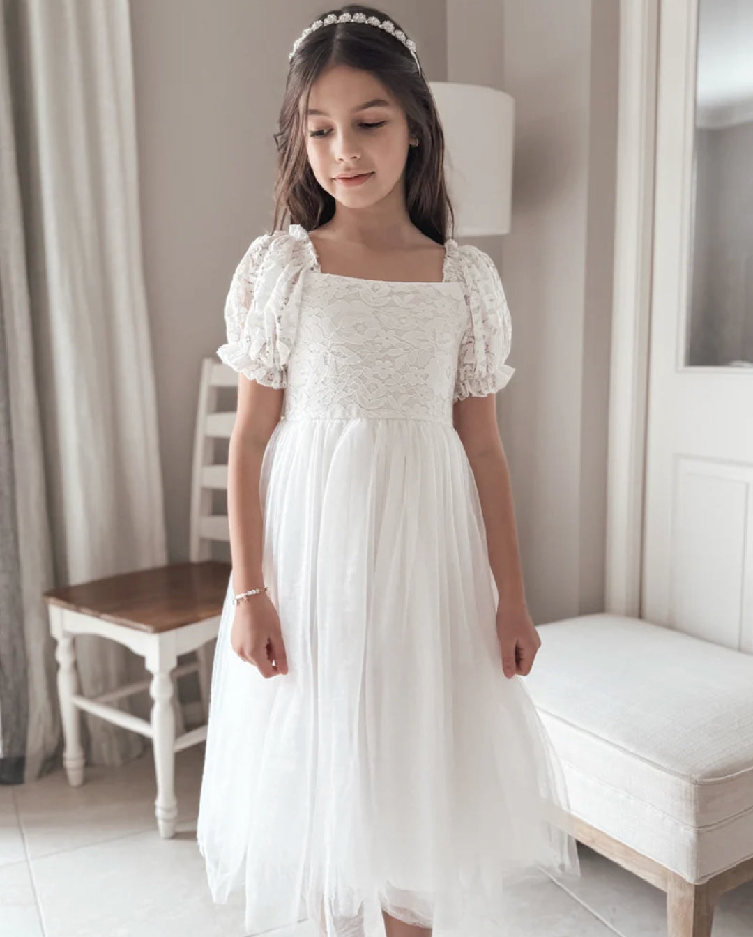 A LITTLE LACEY CALLISTA PUFF SLEEVE WHITE  DRESS