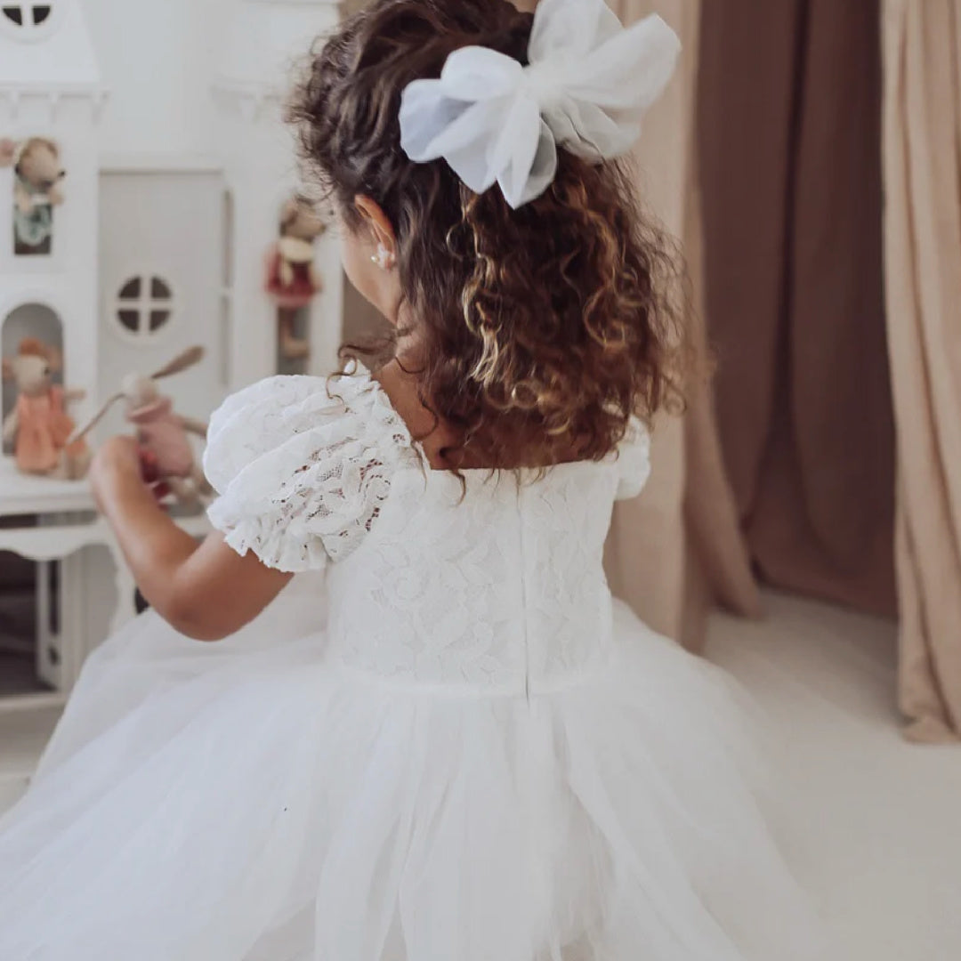 A LITTLE LACEY CALLISTA PUFF SLEEVE WHITE  DRESS