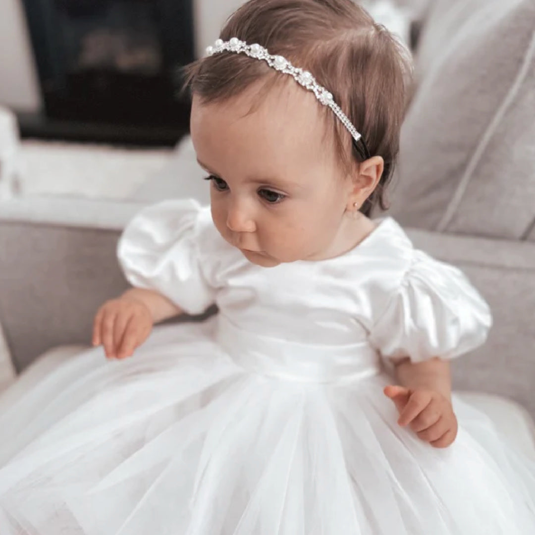 A LITTLE LACEY BELLA PUFF SLEEVE WHITE FLOWER GIRL DRESS