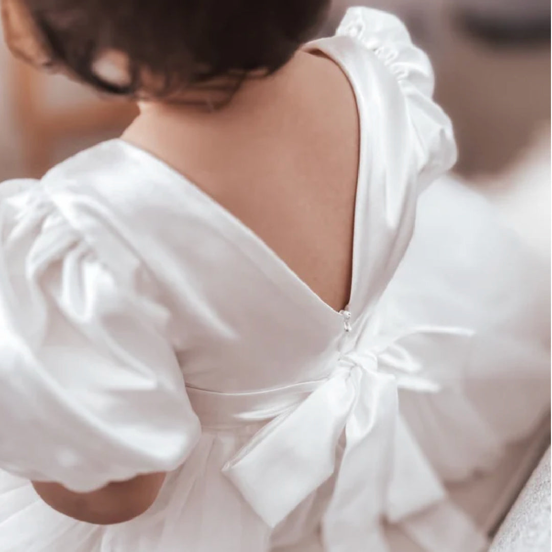 A LITTLE LACEY BELLA PUFF SLEEVE WHITE FLOWER GIRL DRESS