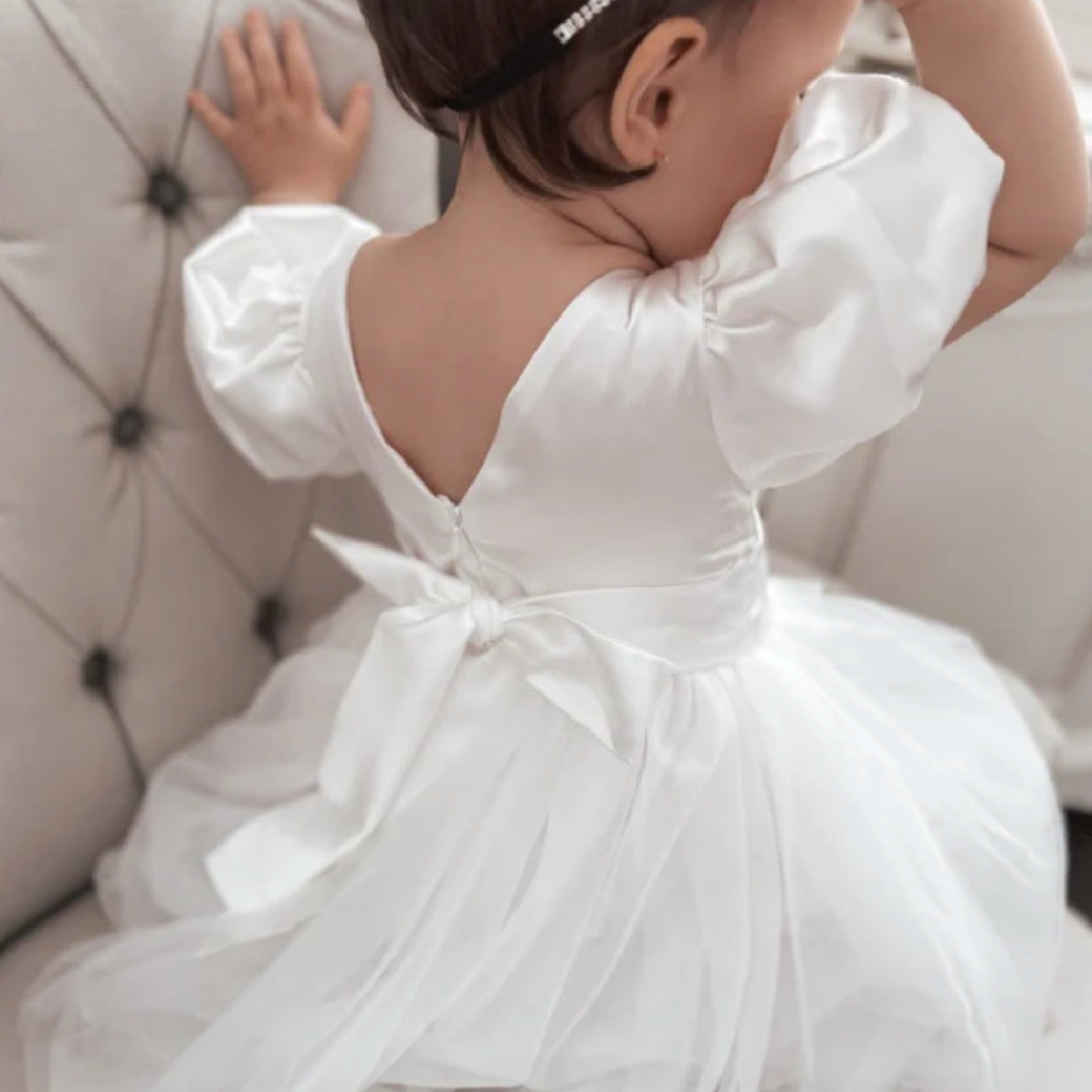 A LITTLE LACEY BELLA PUFF SLEEVE WHITE FLOWER GIRL DRESS