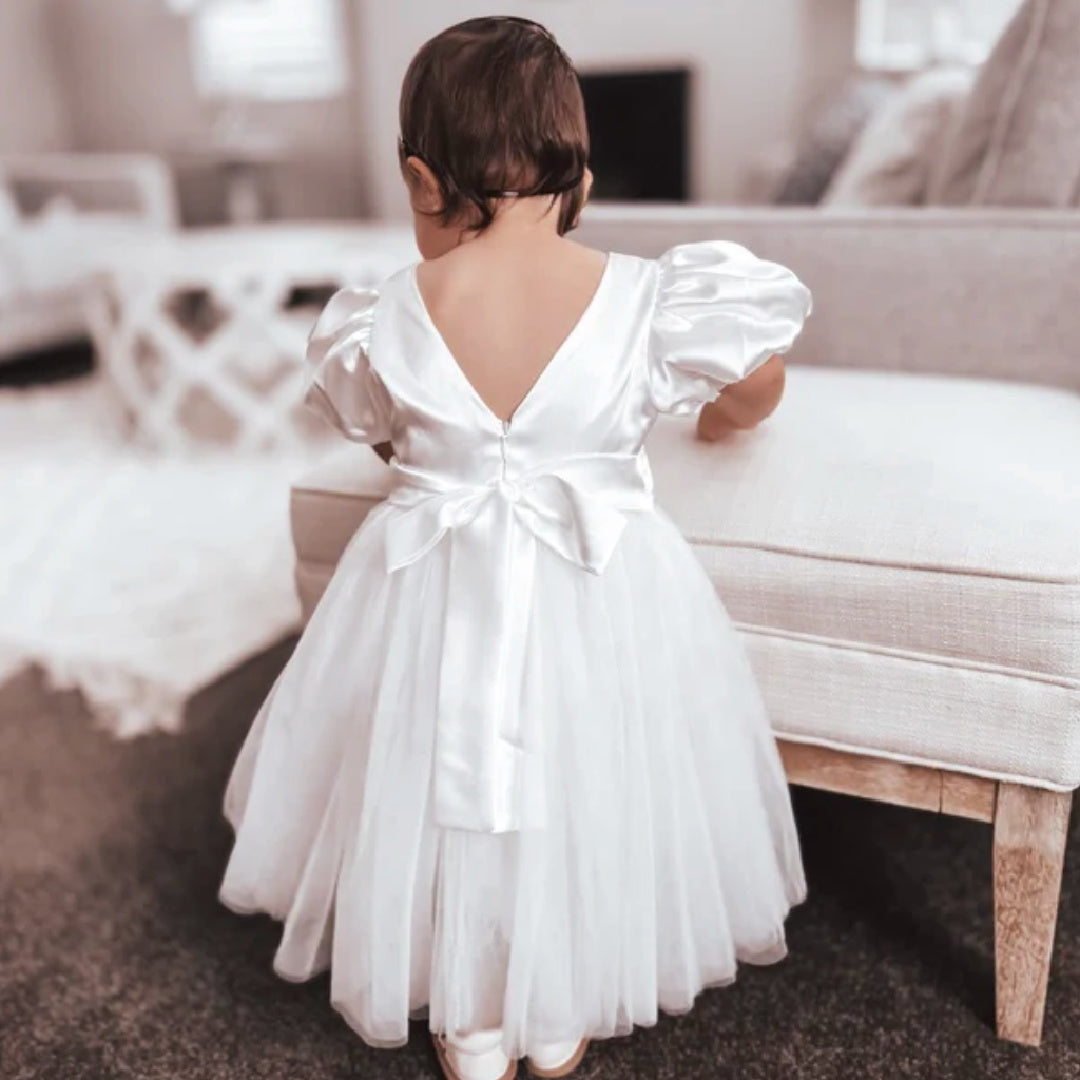 A LITTLE LACEY BELLA PUFF SLEEVE WHITE FLOWER GIRL DRESS