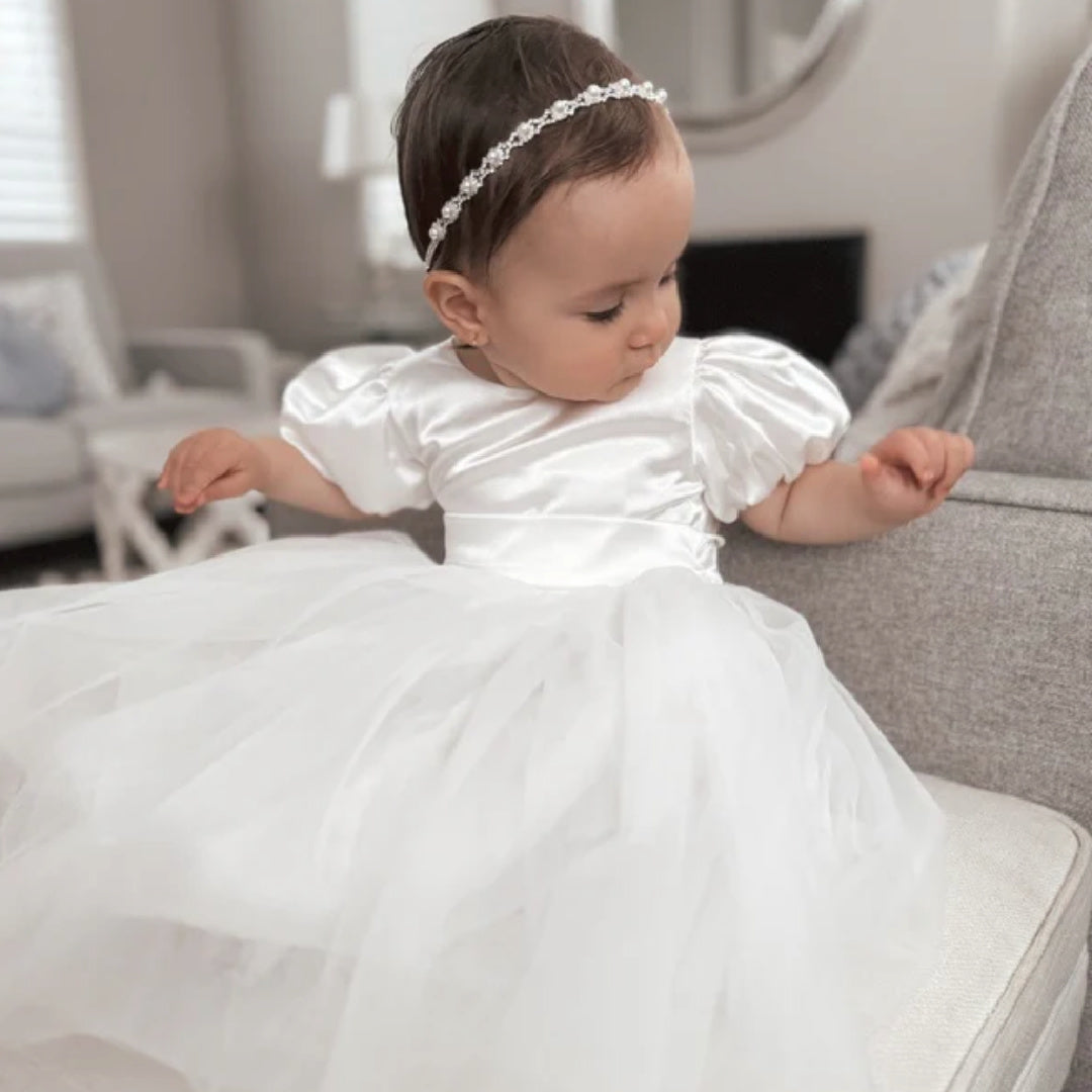A LITTLE LACEY BELLA PUFF SLEEVE WHITE FLOWER GIRL DRESS