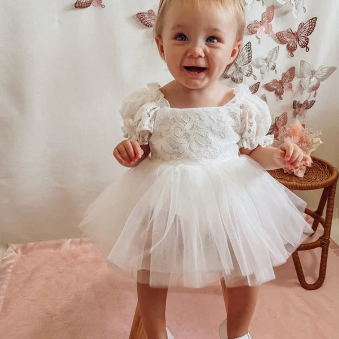 A LITTLE LACEY CALLISTA PUFF SLEEVE WHITE BABY DRESS