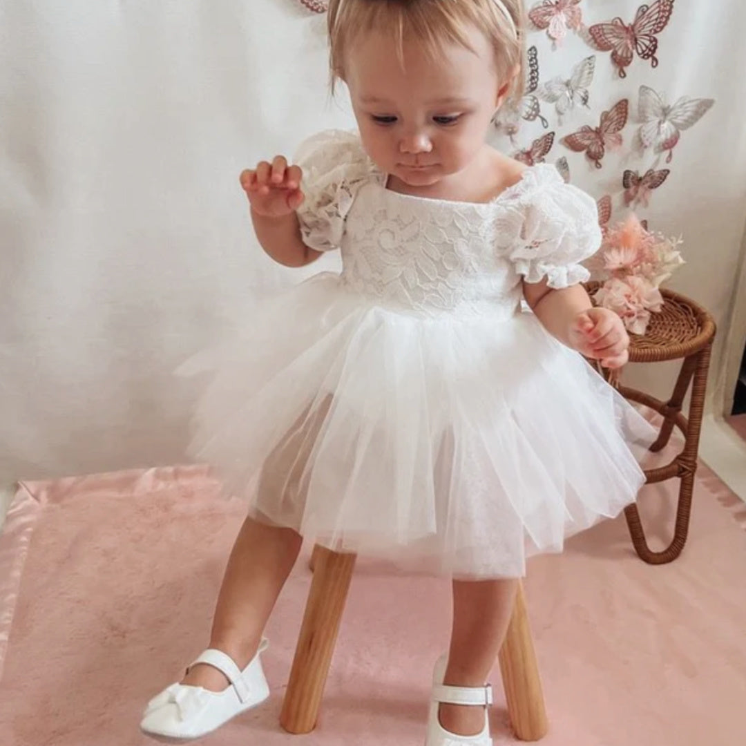A LITTLE LACEY CALLISTA PUFF SLEEVE WHITE BABY DRESS