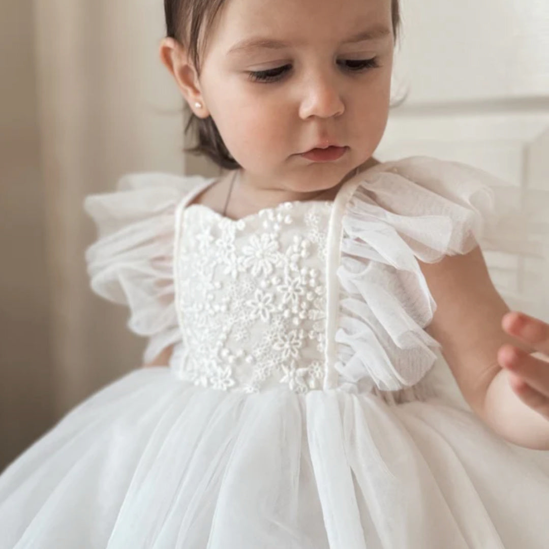 A LITTLE LACEY NOA GIRLS WHITE EMBROIDERED DRESS