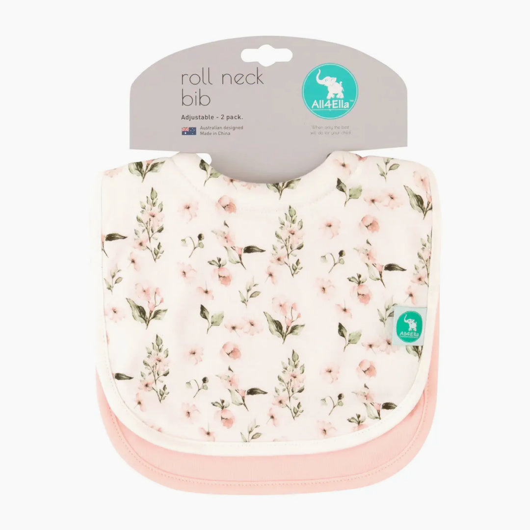 ALL 4 ELLA  ROLL NECK BIBS 2PK - PINK FLOWER