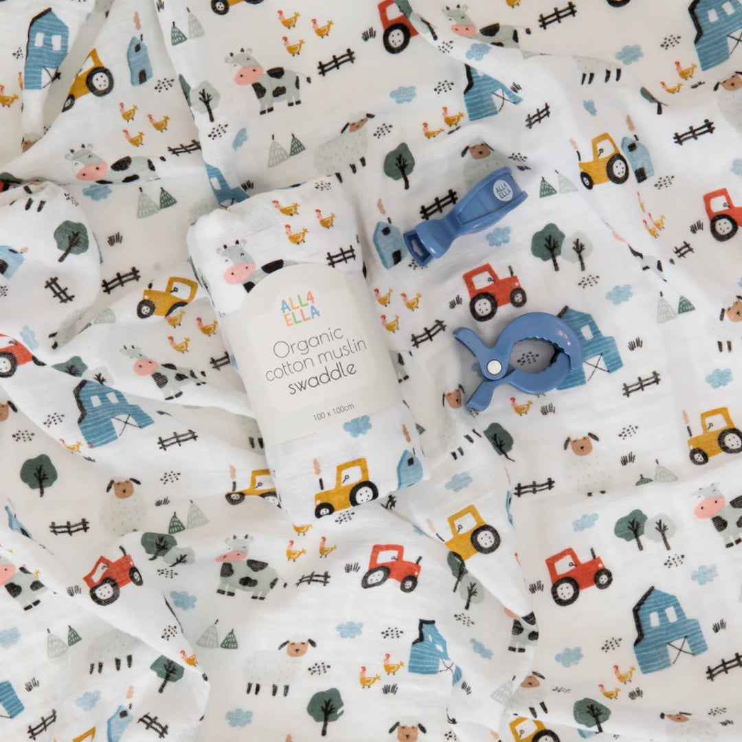 ALL 4 ELLA ORGANIC MUSLIN SWADDLE &amp; 2 PRAM PEG GIFT SET - BARNYARD