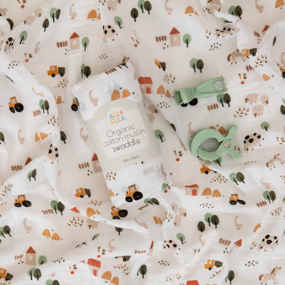 ALL 4 ELLA ORGANIC MUSLIN SWADDLE &amp; 2 PRAM PEG GIFT SET - COUNTRY FARM