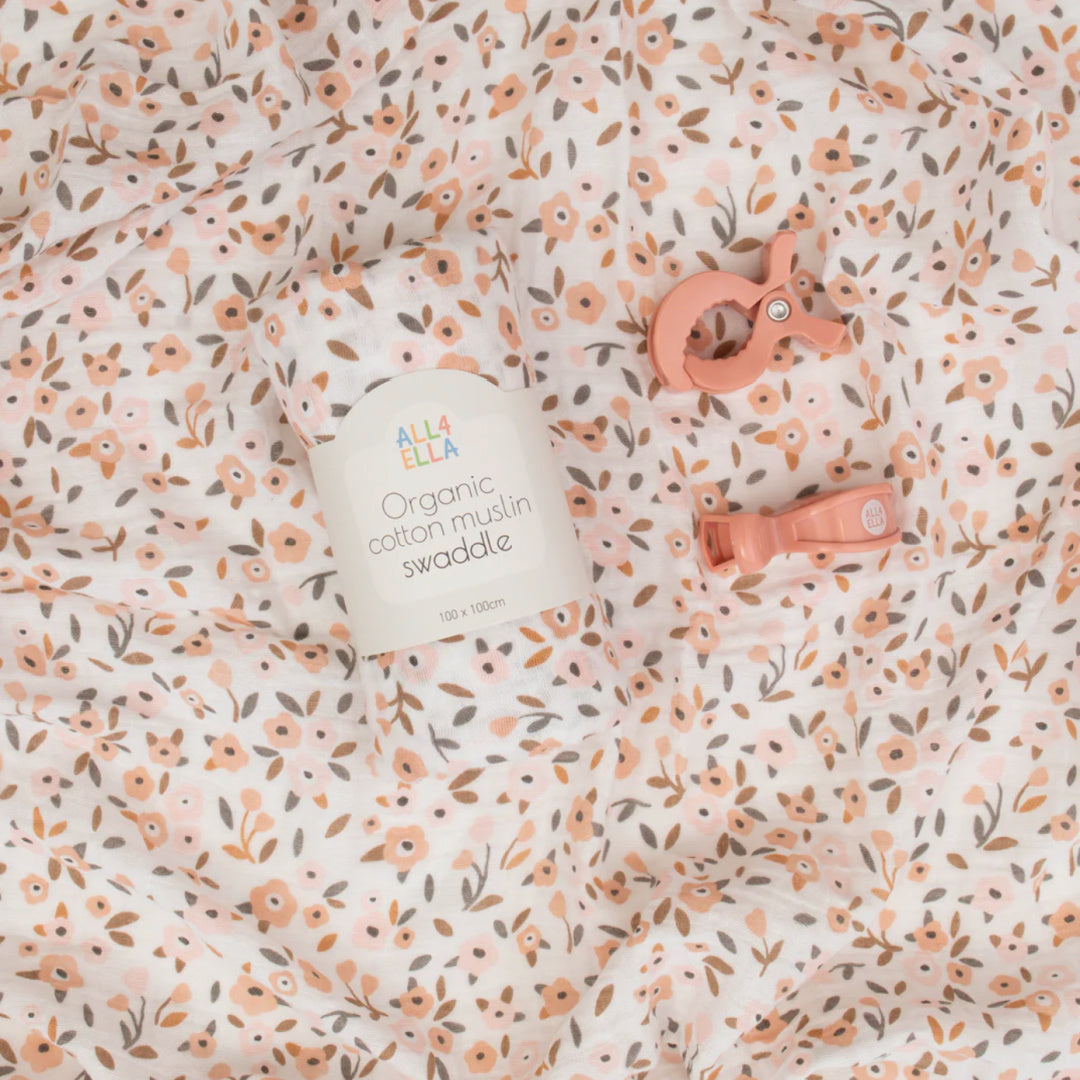 ALL 4 ELLA ORGANIC MUSLIN SWADDLE &amp; 2 PRAM PEG GIFT SET - FLORAL BOUQUET