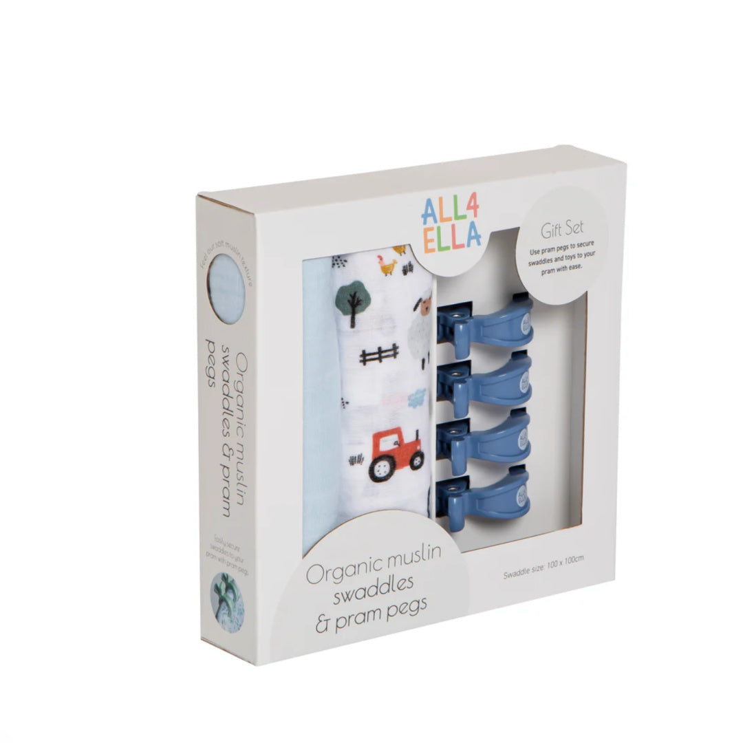 ALL 4 ELLA ORGANIC MUSLIN SWADDLES & PRAM PEGS GIFT SET - BARNYARD