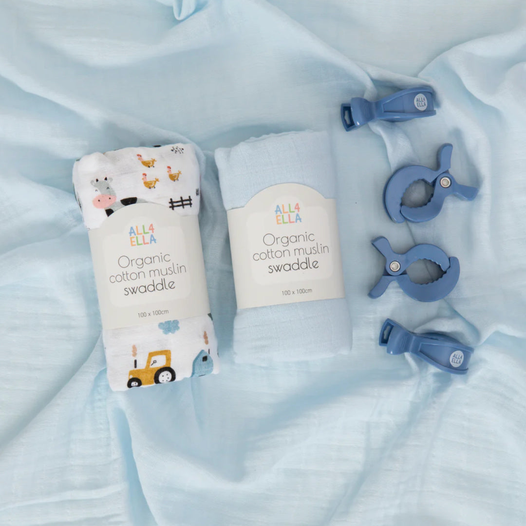 ALL 4 ELLA ORGANIC MUSLIN SWADDLES &amp; PRAM PEGS GIFT SET - BARNYARD