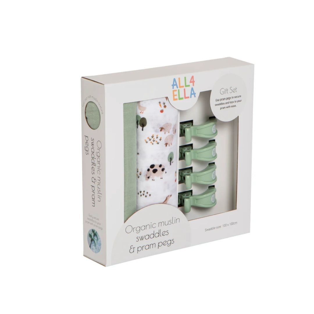 ALL 4 ELLA ORGANIC MUSLIN SWADDLES & PRAM PEGS GIFT SET - COUNTRY FARM