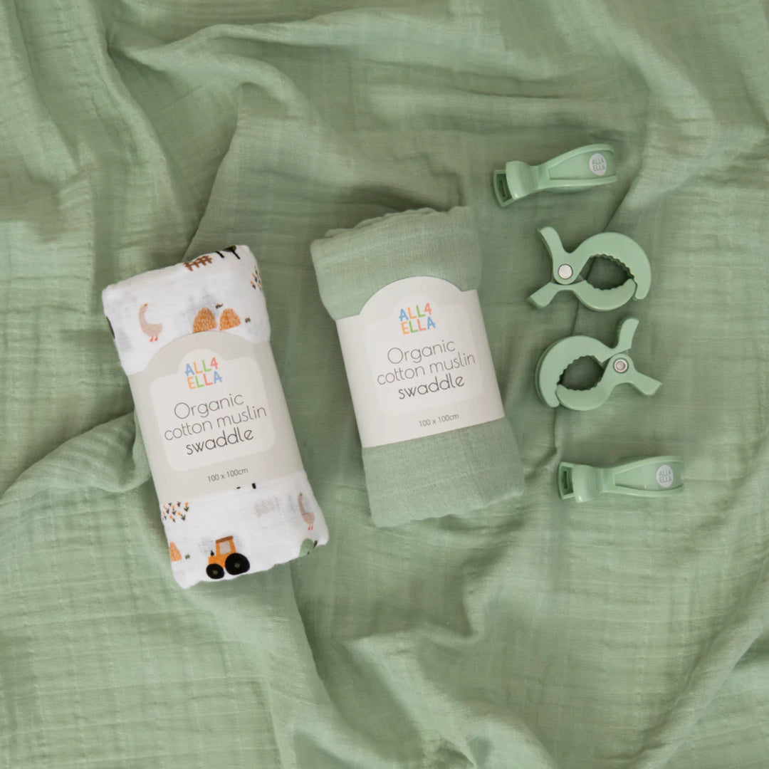 ALL 4 ELLA ORGANIC MUSLIN SWADDLES &amp; PRAM PEGS GIFT SET - COUNTRY FARM