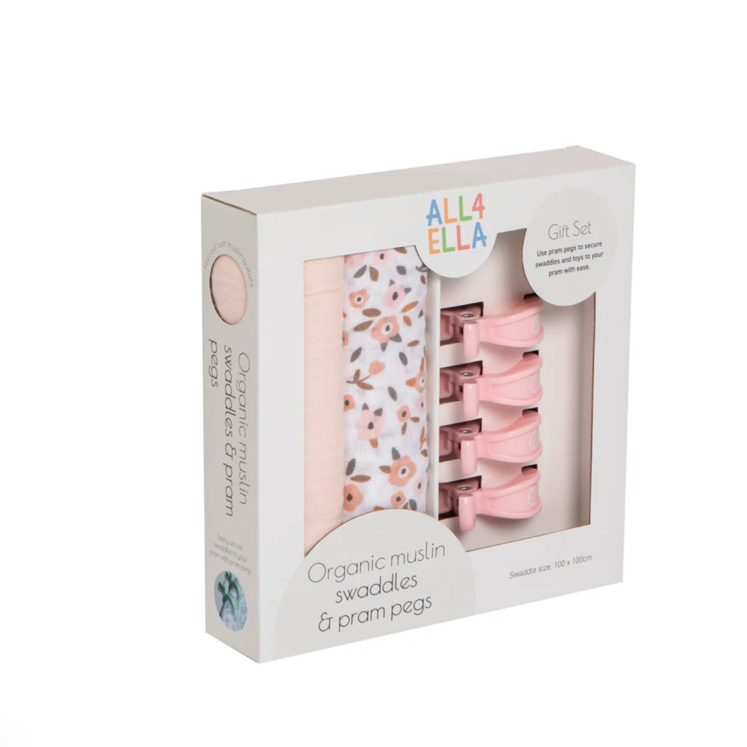 ALL 4 ELLA ORGANIC MUSLIN SWADDLES &amp; PRAM PEGS GIFT SET - FLORAL BOUQUET