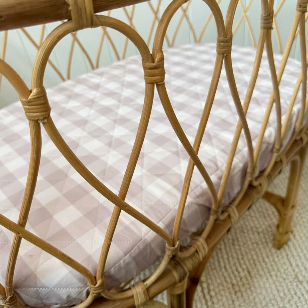 BAMBELLA DESIGNS WATERPROOF FITTED BASSINET SHEET/ CHANGE MAT COVER  - BLUSH GINGHAM