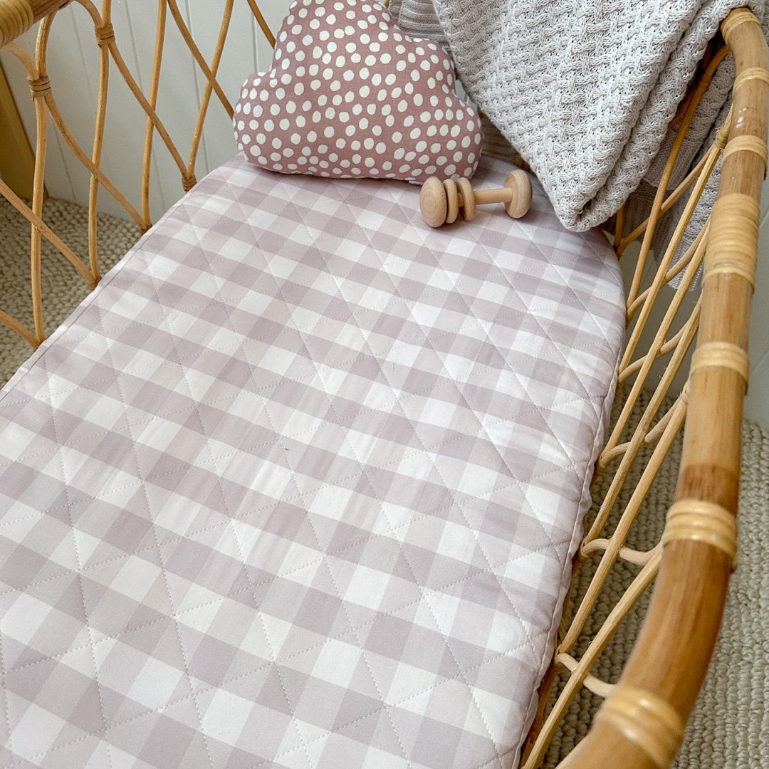 BAMBELLA DESIGNS WATERPROOF FITTED BASSINET SHEET/ CHANGE MAT COVER  - BLUSH GINGHAM