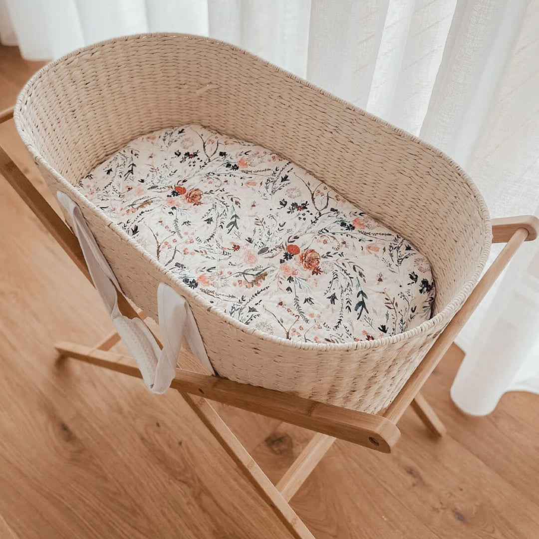 BAMBELLA DESIGNS WATERPROOF FITTED BASSINET SHEET/ CHANGE MAT COVER - WILDFLOWER