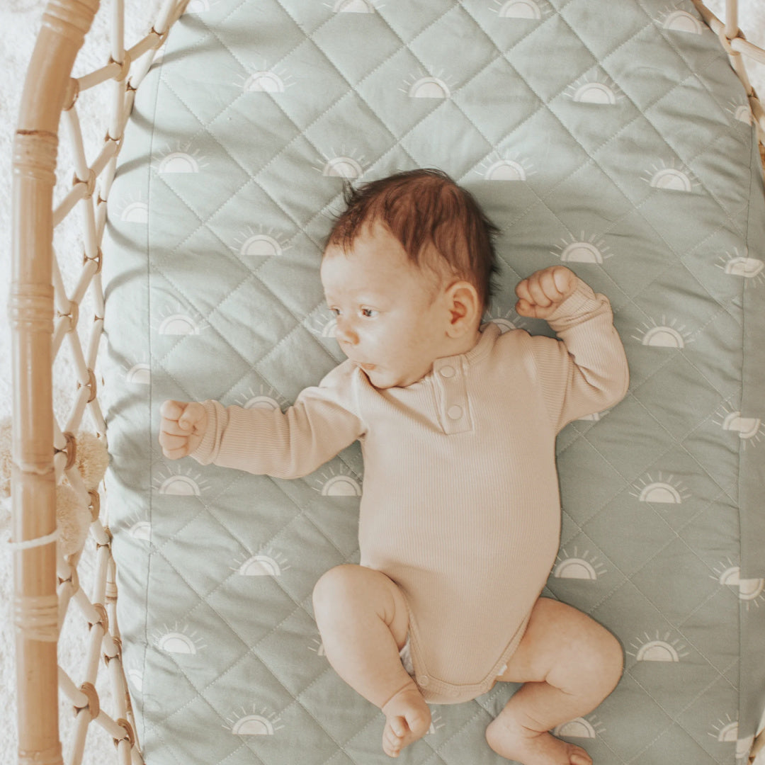 BAMBELLA DESIGNS WATERPROOF FITTED BASSINET SHEET/ CHANGE MAT COVER - SAGE SUNSHINE