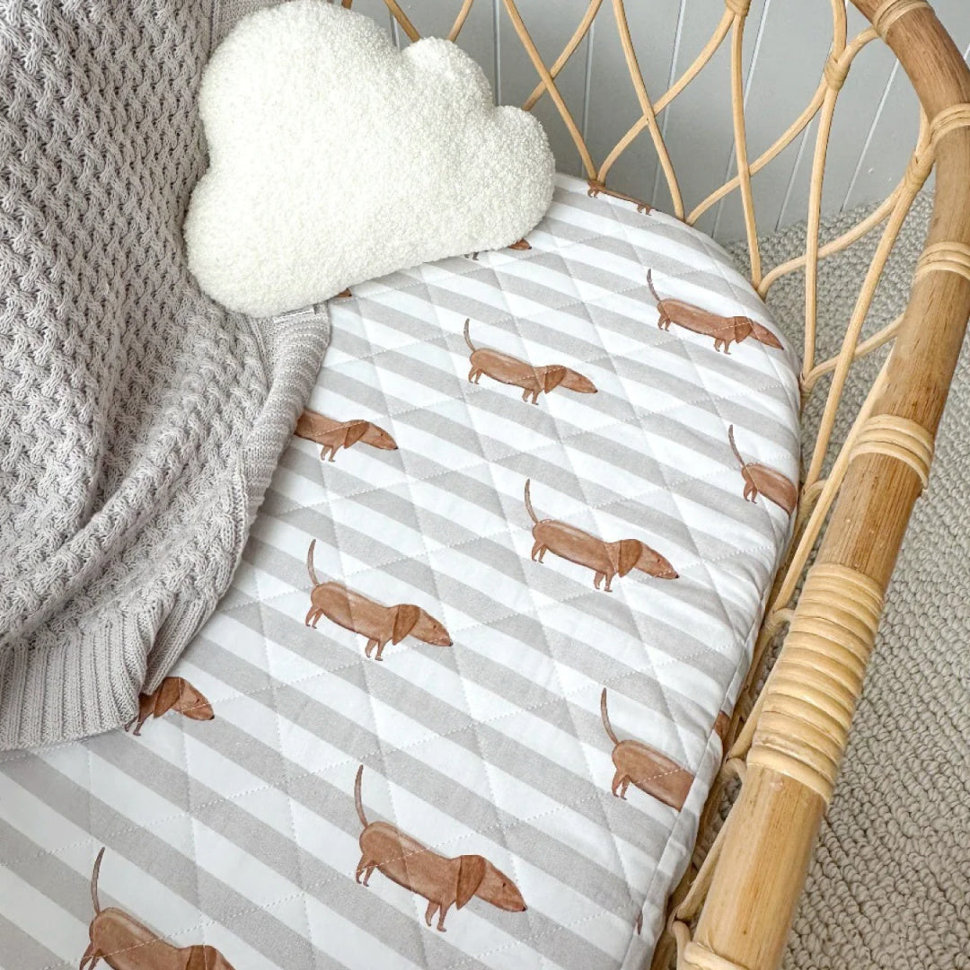 BAMBELLA DESIGNS WATERPROOF FITTED BASSINET SHEET/ CHANGE MAT COVER - GREY SAUSAGE DOG