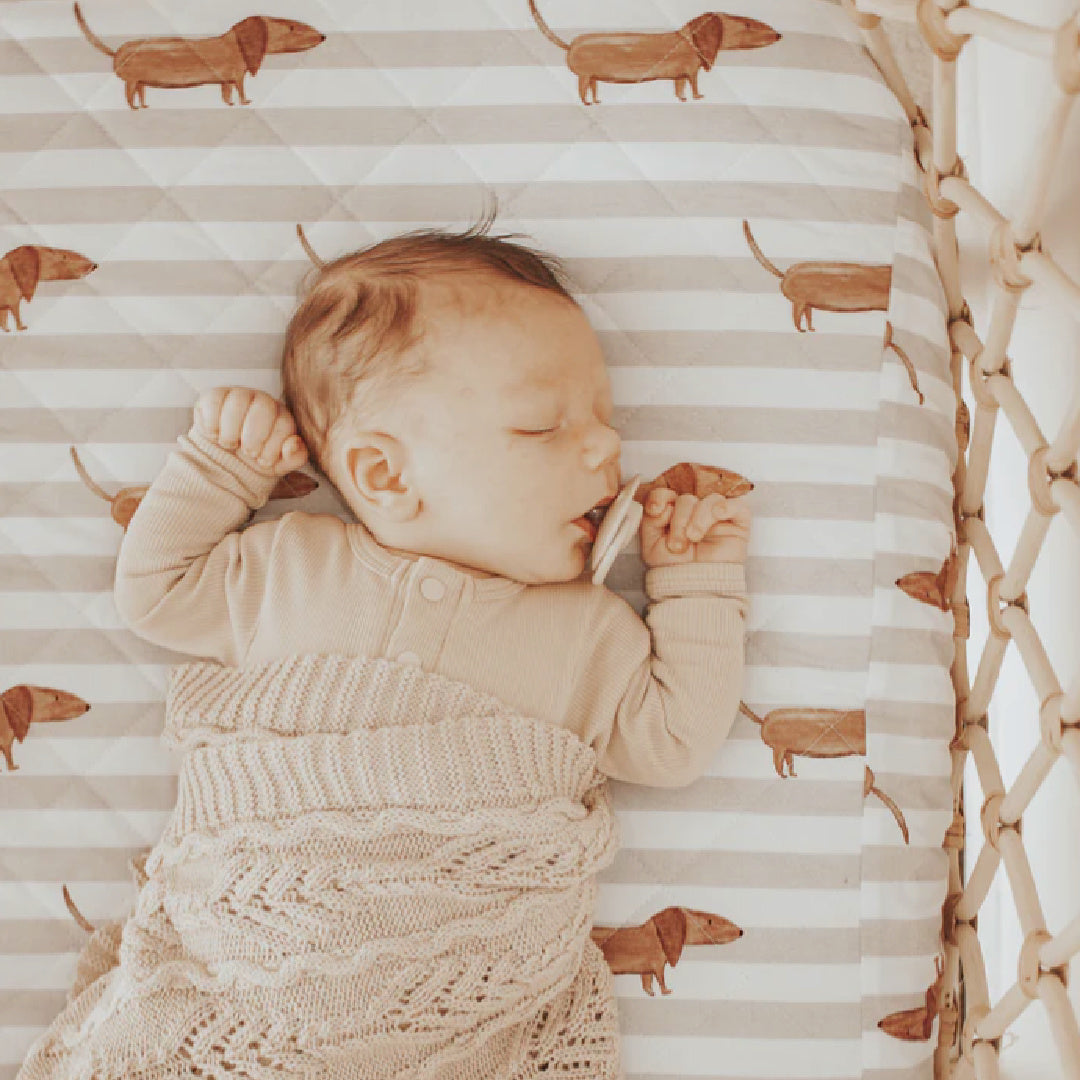 BAMBELLA DESIGNS WATERPROOF FITTED BASSINET SHEET/ CHANGE MAT COVER - GREY SAUSAGE DOG