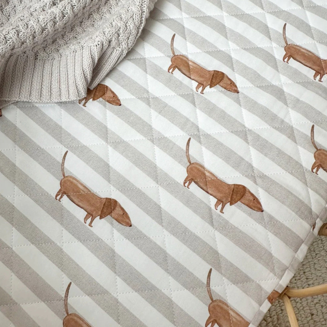 BAMBELLA DESIGNS WATERPROOF FITTED BASSINET SHEET/ CHANGE MAT COVER - GREY SAUSAGE DOG