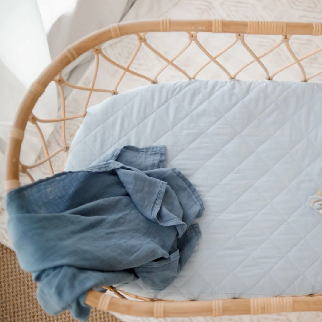 BAMBELLA DESIGNS WATERPROOF FITTED BASSINET SHEET/ CHANGE MAT COVER - DUSTY SKY BLUE