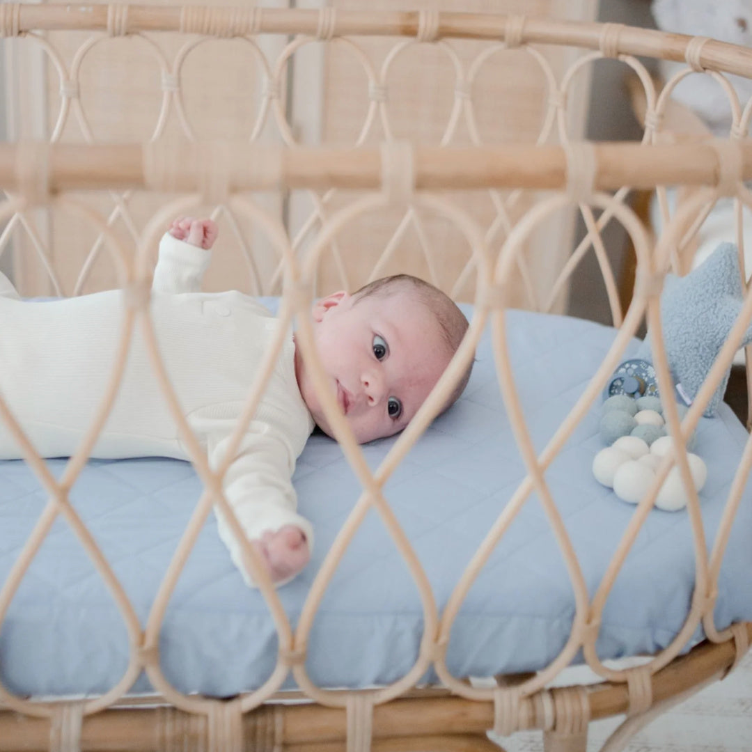BAMBELLA DESIGNS WATERPROOF FITTED BASSINET SHEET/ CHANGE MAT COVER - DUSTY SKY BLUE