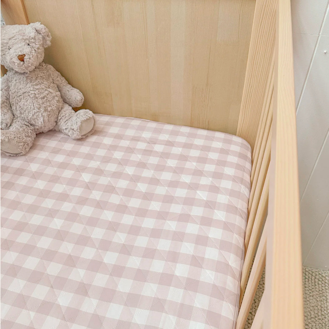 BAMBELLA DESIGNS WATERPROOF COT SHEET  |  BLUSH GINGHAM