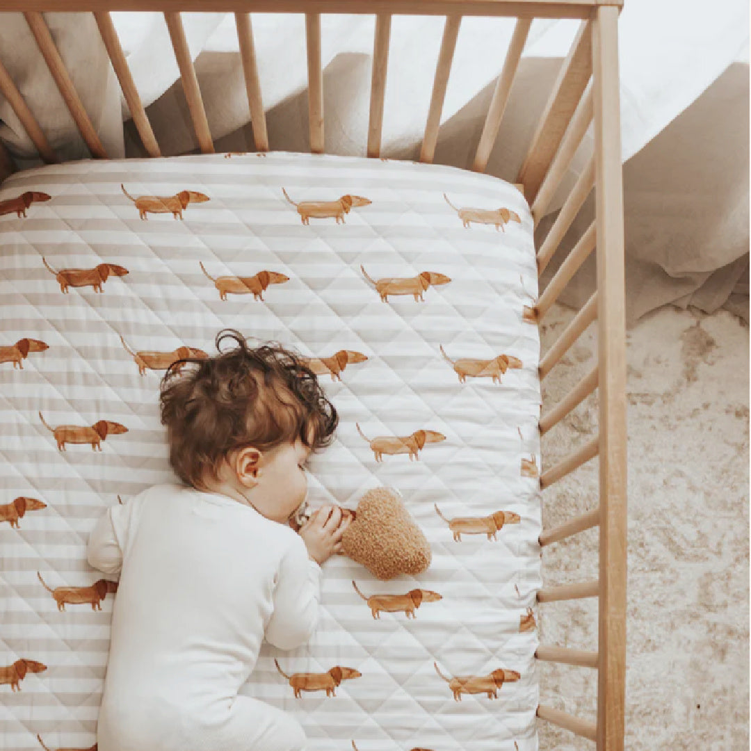 BAMBELLA DESIGNS WATERPROOF COT SHEET  | GREY SAUSAGE DOG