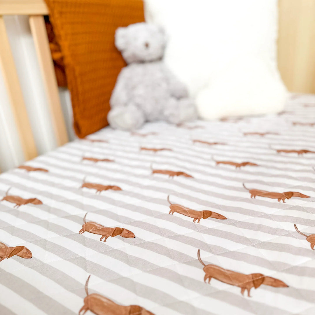 BAMBELLA DESIGNS WATERPROOF COT SHEET  | GREY SAUSAGE DOG