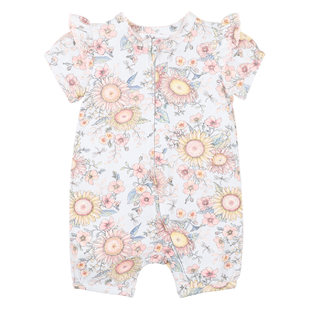 BEBE ABBY PRINT SS ZIP ROMPER