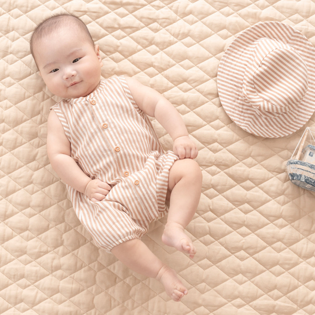 BEBE BRADY STRIPE WOVEN ROMPER