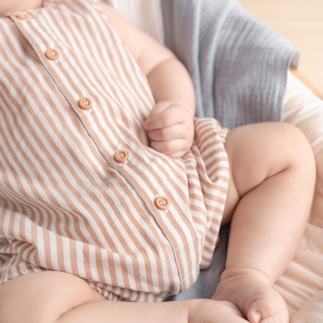 BEBE BRADY STRIPE WOVEN ROMPER