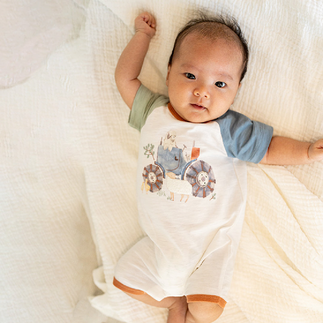 BEBE CLAYTON FARM SCENE SS ROMPER